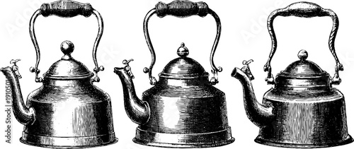Vintage coffee kettle set - hand drawn engraved illustrations for retro design