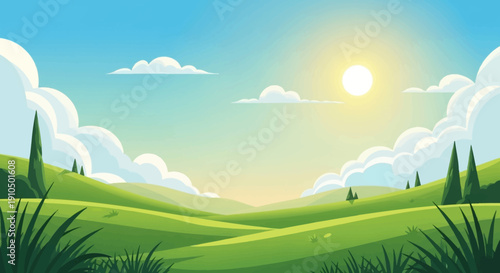 A bright and sunny landscape with rolling green hills, tall grass, and a clear blue sky dotted with fluffy clouds. The sun shines warmly over the peaceful scene