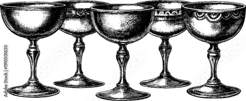 Vintage engraved set of coupe glasses in black bold lines for retro design