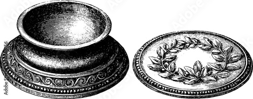 Vintage engraved illustration of ornate counter mat and edge trim design