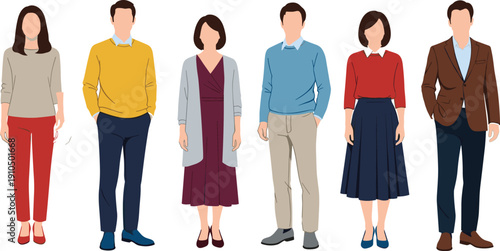 Diverse group of professional men and women wearing stylish business casual clothing standing together in flat vector illustration style isolated.