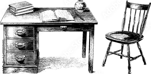 Vintage engraved illustration of a coworking desk setup with notebook and chair