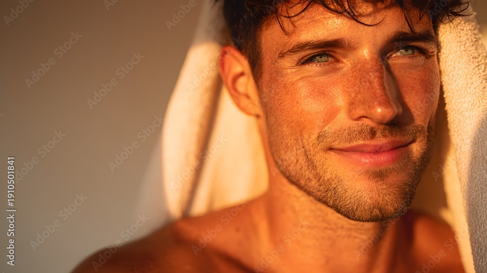 Fototapeta premium A man with a beard and a towel draped over his head