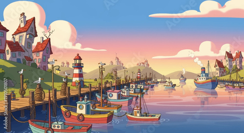 A charming coastal scene with colorful boats docked at a wooden pier, a lighthouse in the distance, and quirky houses on the hillside. Seagulls soar above a serene harbor at sunset