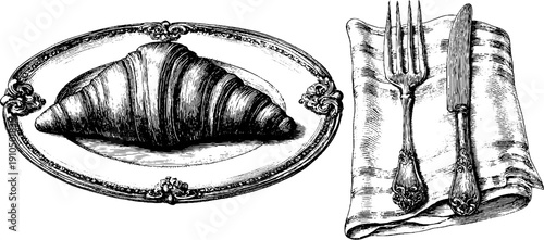 Vintage engraved croissant with plate and butter knife for retro kitchen decor