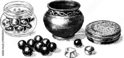 Vintage engraved illustration set of crystal and glass beads for craft and jewelry design
