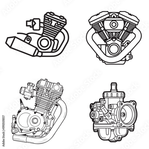 Combustion Engine Components Set: Single Cylinder and V-Engine Line Art
