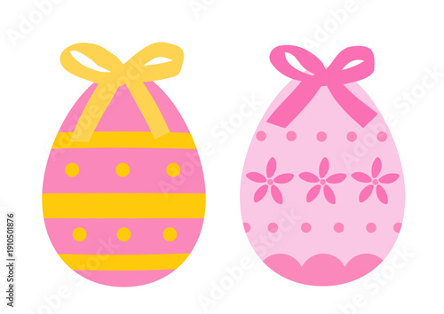 Set of Easter eggs decorated with bows vector.
Cute Easter egg with ribbon bow illustration.
Pastel Easter eggs with bows clipart collection.
White background. SVG.