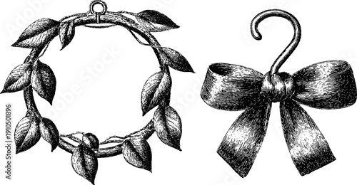 Vintage decorative wreath and hanging bow set for retro design and holiday decor