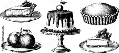 Vintage dessert pie illustrations set with bold black lines for retro design projects