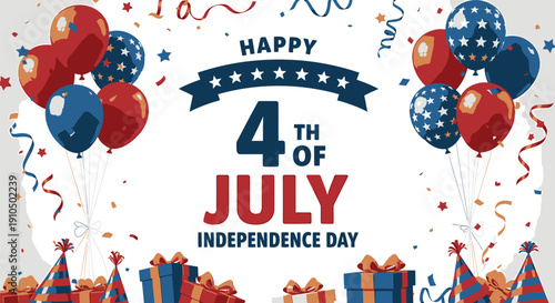 4th of July Independence Day banner with balloons and party hats, vector illustration for holiday celebration or patriotic decoration, overlay effect for website or social media