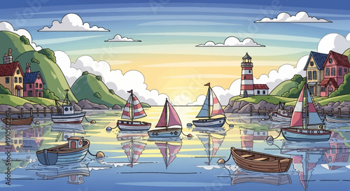 A picturesque coastal scene with colorful boats sailing on a calm sea, a lighthouse standing tall, and cozy houses on the hills, all reflecting the golden sunset sky