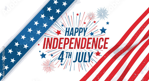 Happy Independence Day 4th July vector banner with fireworks and American flag colors, for poster or social media