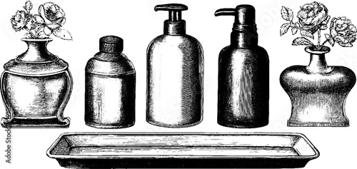 Vintage engraved illustration set of display tray and felt liner with bottles and flowers for retro design