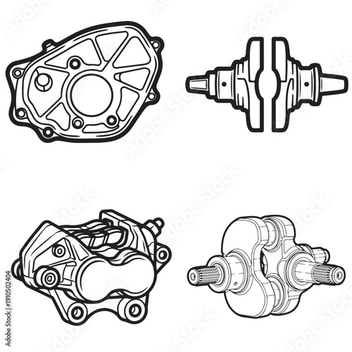 Automotive Engineering Parts Set: Engine Casing, Crankshaft, and Brake Caliper Outline