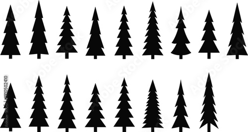 Black, stylized, pine, tree, silhouettes, set, featuring, minimalist, evergreen, shapes, isolated, on, white, background, vector, illustration, for, nature, logo, design.