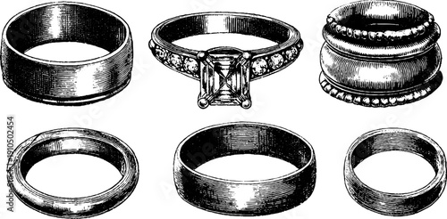 Vintage engraved illustration set of engagement rings for design and print