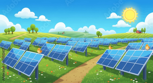 A bright and cheerful cartoon scene of solar panels in a lush green field. The sun shines brightly above, casting its rays over the panels as they capture the sunlight