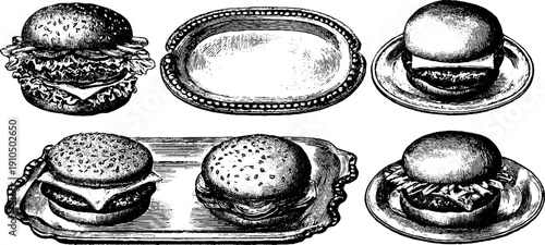 Vintage fast food tray illustration set with engraved burger designs