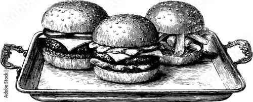 Vintage fast food burger tray engraving - classic hand-drawn black and white design for restaurant decor