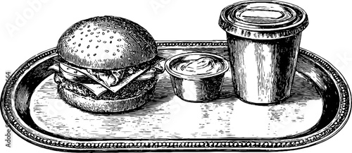 Vintage fast food tray illustration set featuring burger, drink, and sauce cup