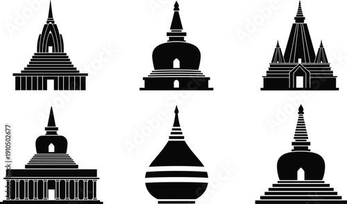 Buddhist temple and stupa silhouette vector set, religious pagoda icons, spiritual oriental architecture collection isolated on white background for design,