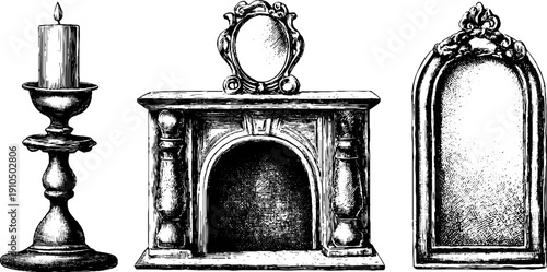 Vintage engraved illustration set of fireplace mantel and candlestick for retro decor design