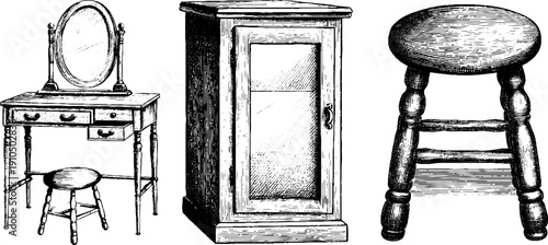 Vintage engraved illustration set of dressing table, wardrobe, and stool for retro interior design