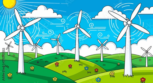 A vibrant cartoon landscape with several wind turbines spinning in a grassy field. Bright flowers bloom around the turbines, and the clear blue sky is filled with clouds and swirling wind patterns