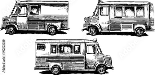 Vintage food truck set: engraved hand drawn illustration for retro design projects
