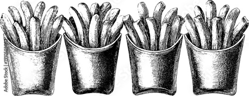 Engraved french fries illustration set with black bold lines for retro design and decor