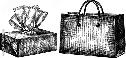 Vintage engraved set of gift bag and tissue paper for holiday packaging and design