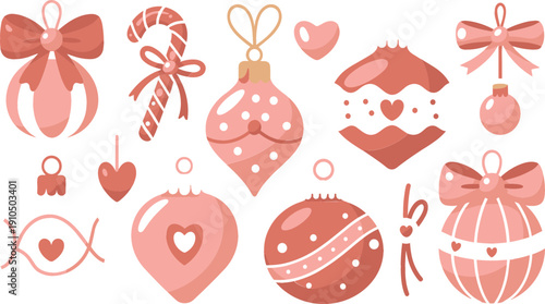 Pink Christmas ornament vector set with bows, hearts, baubles, candy cane, and festive holiday decorations isolated on white background for seasonal designs
