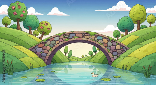 A charming cartoon landscape with a stone bridge over a clear river. The river is adorned with lily pads, and a single duck floats peacefully. Lush green hills and trees with pink flowers complete