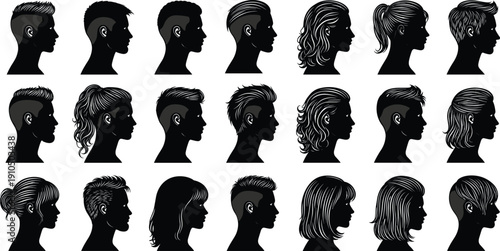 Men and women hairstyle silhouette vector set, male and female hair profile icons, diverse haircut collection isolated on white background,