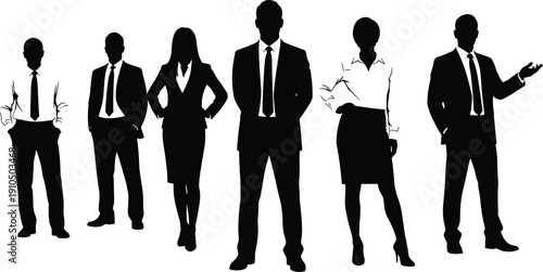 Professional business team silhouettes in formal suits standing together as diverse corporate group for leadership recruitment and successful company teamwork