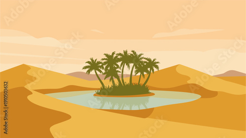 Stylized flat vector of a small desert oasis with palm trees around a calm reflective pool, golden dunes, pale apricot sky, and distant hills. Minimal, warm, balanced composition.