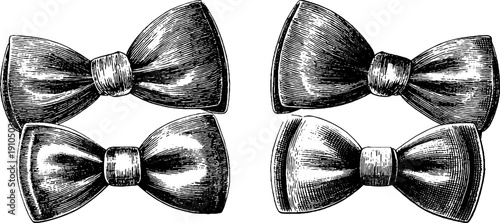 Vintage engraved groom bow tie illustration set for wedding design and fashion styling