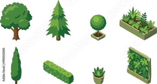 Set of eight cartoon plants and trees arranged in two neat rows for design projects