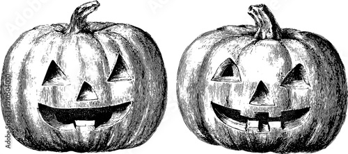 Halloween jack o' lanterns engraved illustration set for festive design and decor