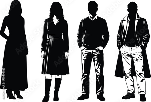 Set of four diverse fashion silhouettes of men and women wearing stylish casual clothing and outerwear for lifestyle vector design