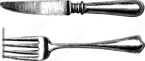 Vintage engraved knife and fork illustration set for retro kitchen decor and culinary design