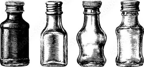 Engraved vintage ketchup bottle illustration set in black bold lines