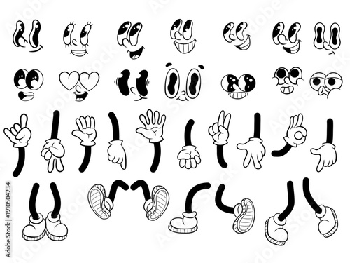 Set of cartoon style white gloves hands and shoes feet icons in vintage comic style. Collection of hand gestures and footwear