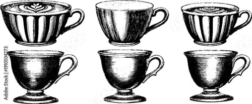 Vintage latte art cups collection engraving for café decor and design