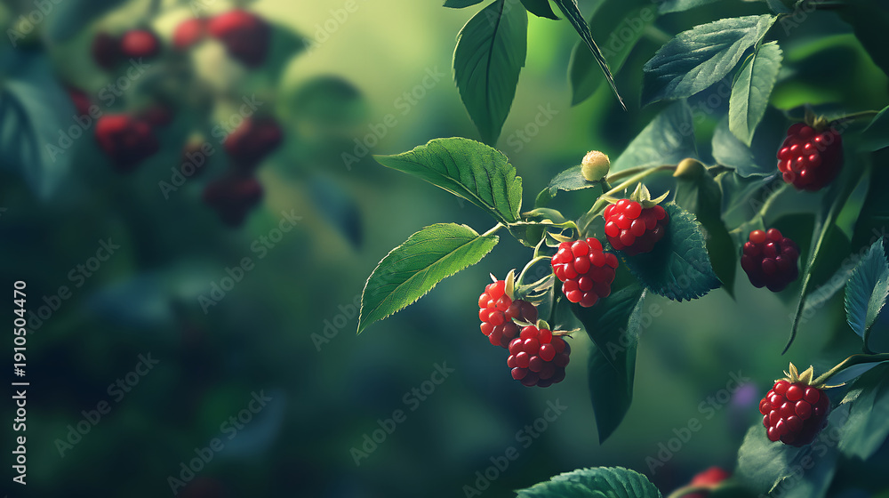 Obraz premium Fresh red raspberries growing on a branch in a sunny garden. Ripe organic berries with green leaves close up. 