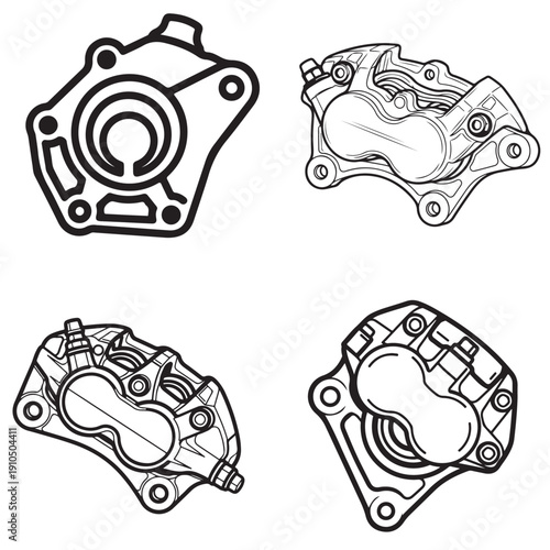 Automotive brake caliper line art illustrations, hydraulic disc brake system components