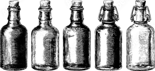 Vintage engraved illustration set of maple syrup bottles for retro design and label art