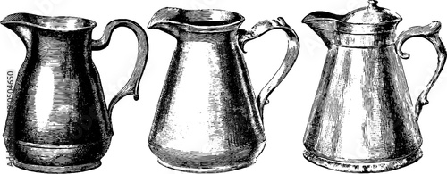 Vintage engraved milk pitchers set with bold black lines for retro design