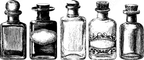 Vintage engraved nail polish bottles set for retro design and decor